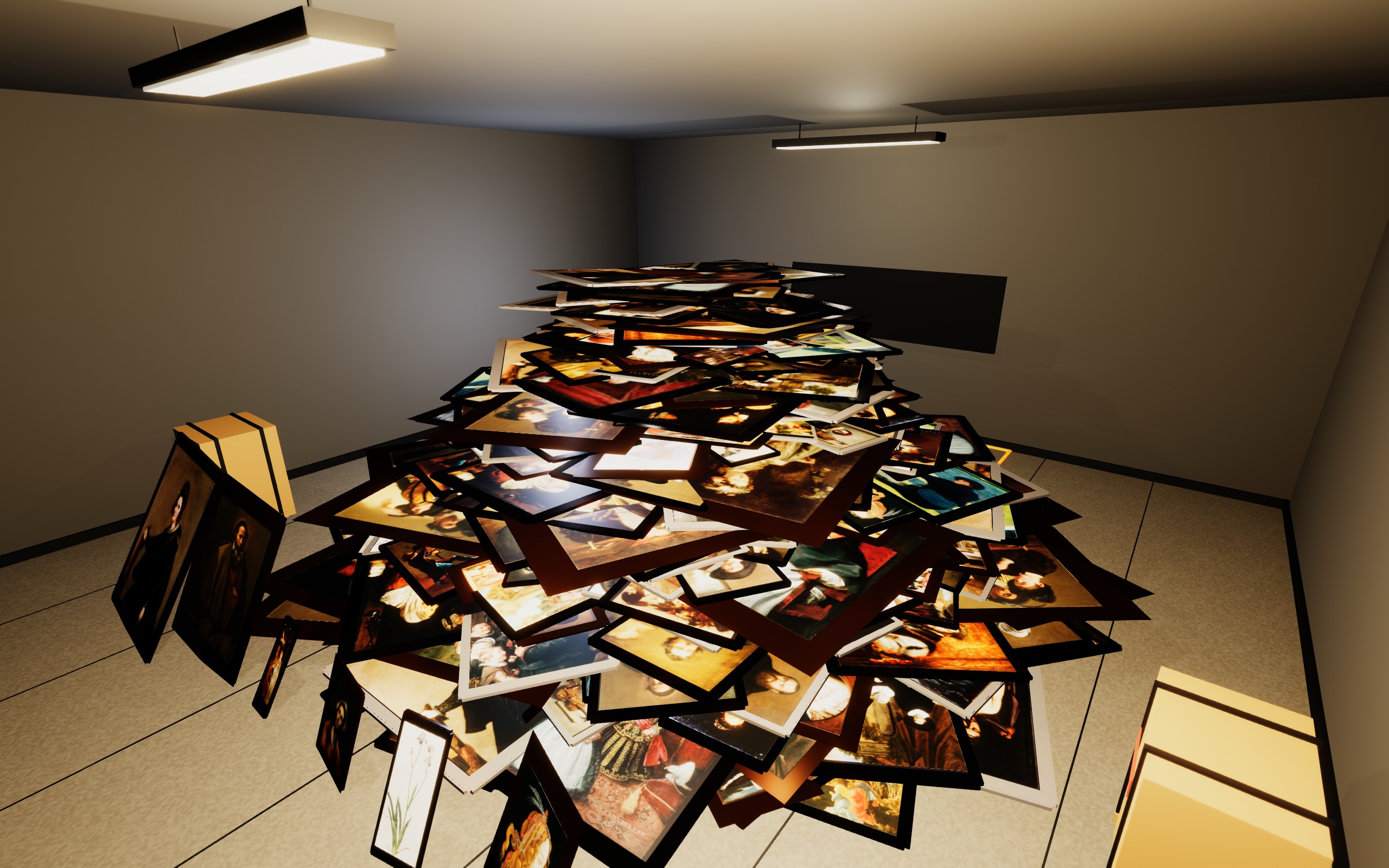A second view of the staged 378-painting pile filling the receiving room.