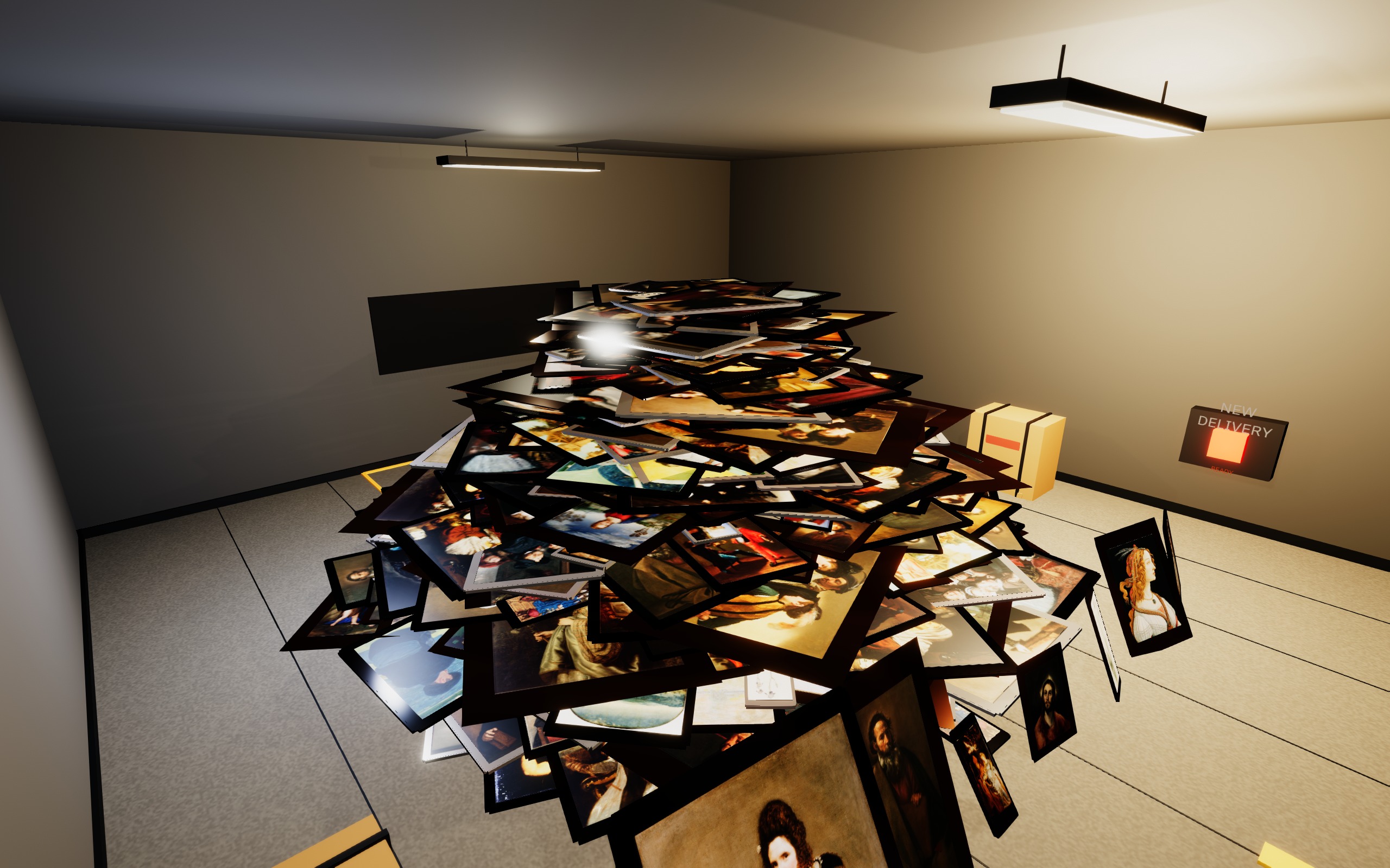 An enormous mountain of hundreds of framed paintings filling the delivery room.