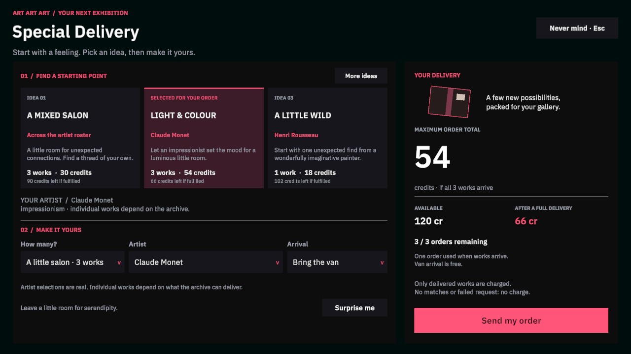 The Special Delivery order menu showing artwork inspiration cards and an artist brief.