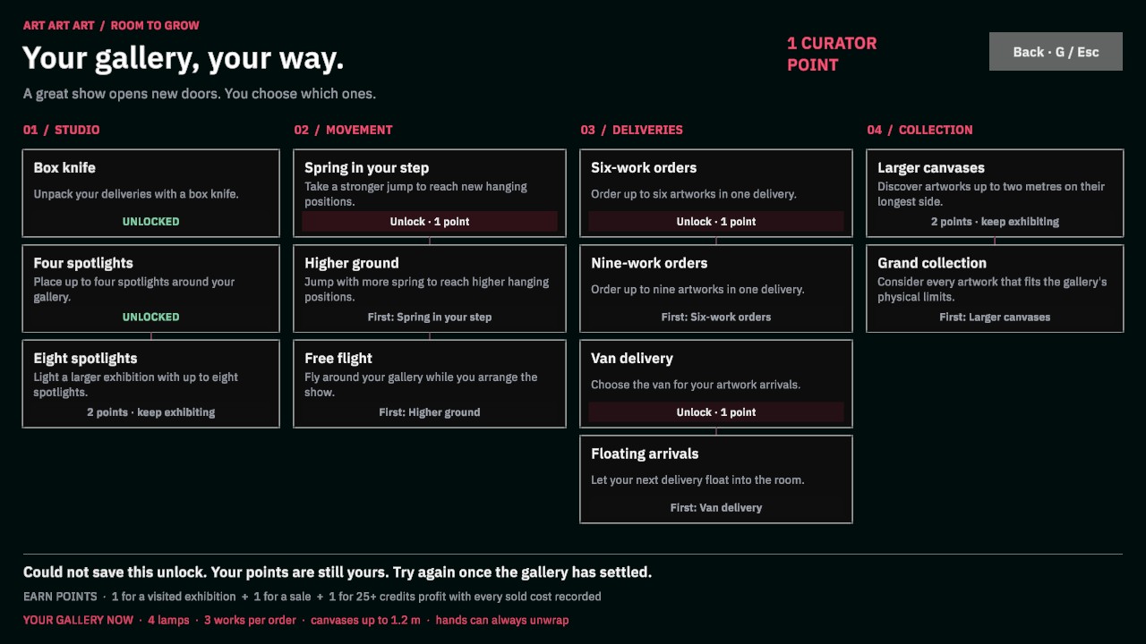 The Your gallery, your way progression menu with four columns of gallery skills.