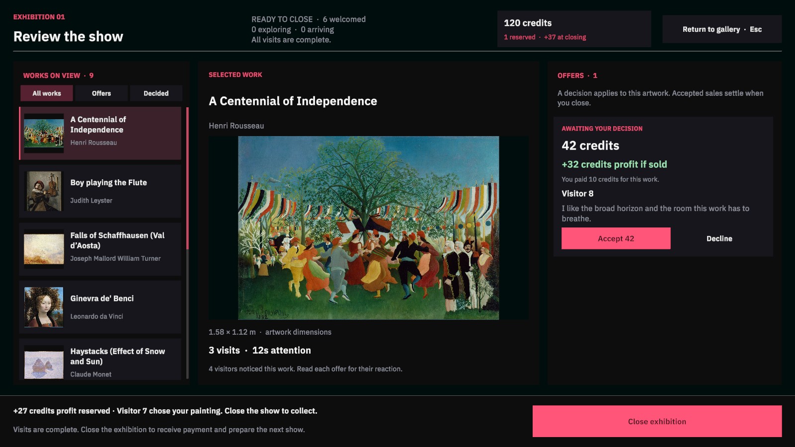Exhibition review showing a Rousseau painting, a list of artworks, and visitor offers.
