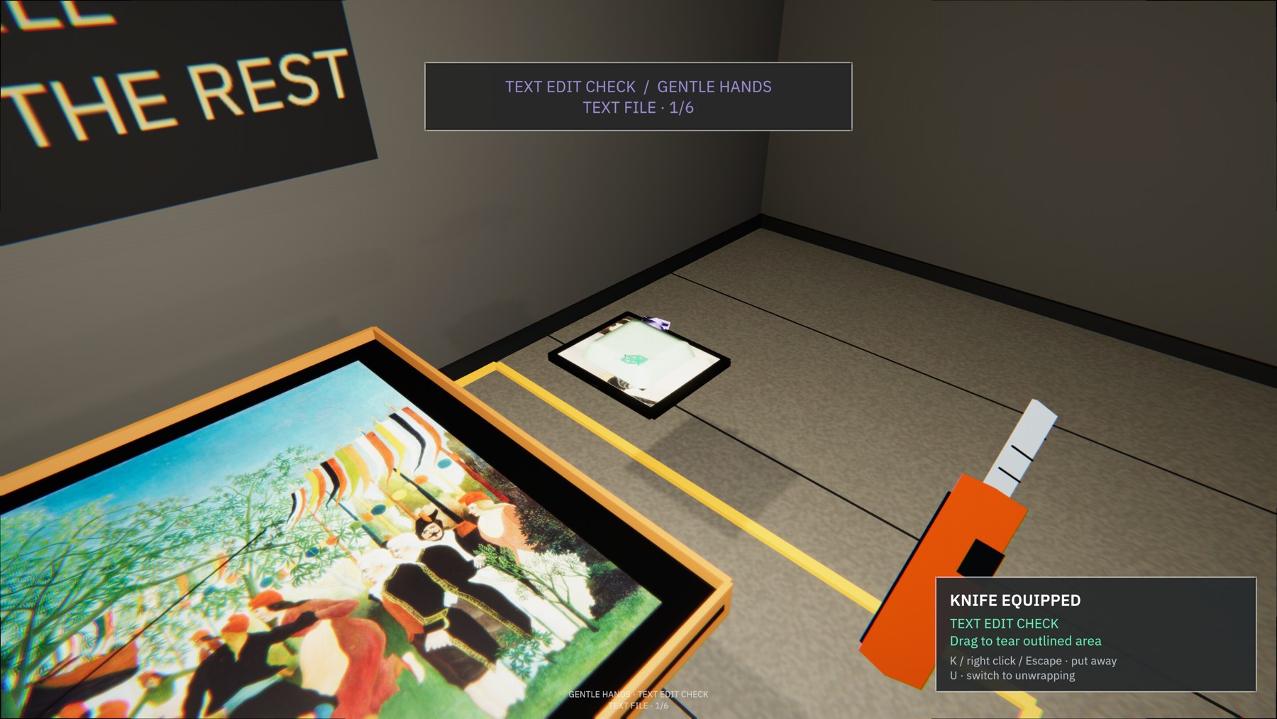 First-person view of a framed Rousseau painting and an orange unpacking knife.