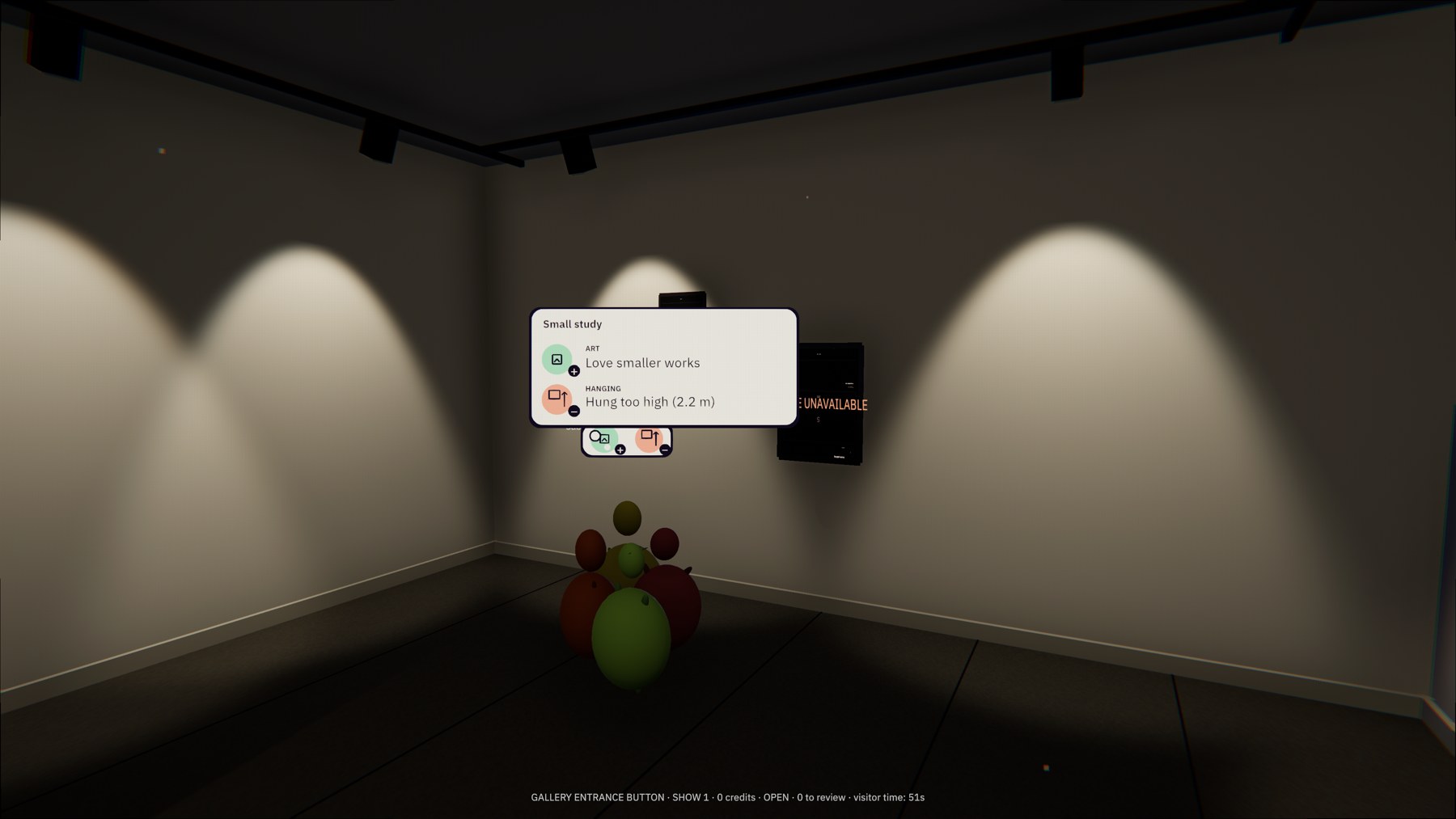 A visitor in the gallery sharing a reaction to the exhibition beneath the spotlights.